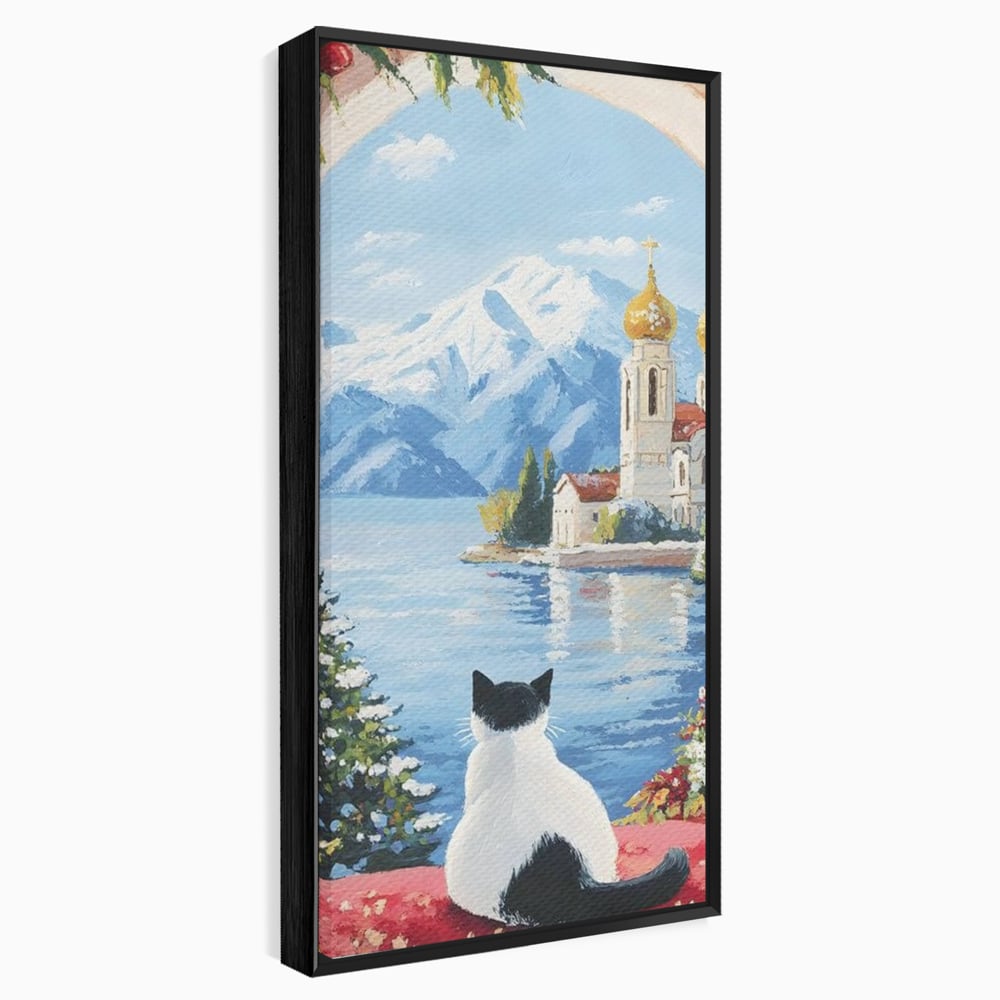 Tablou canvas cu tablou canvas cu pisica privind spre munte, in rama de aluminiu negru
